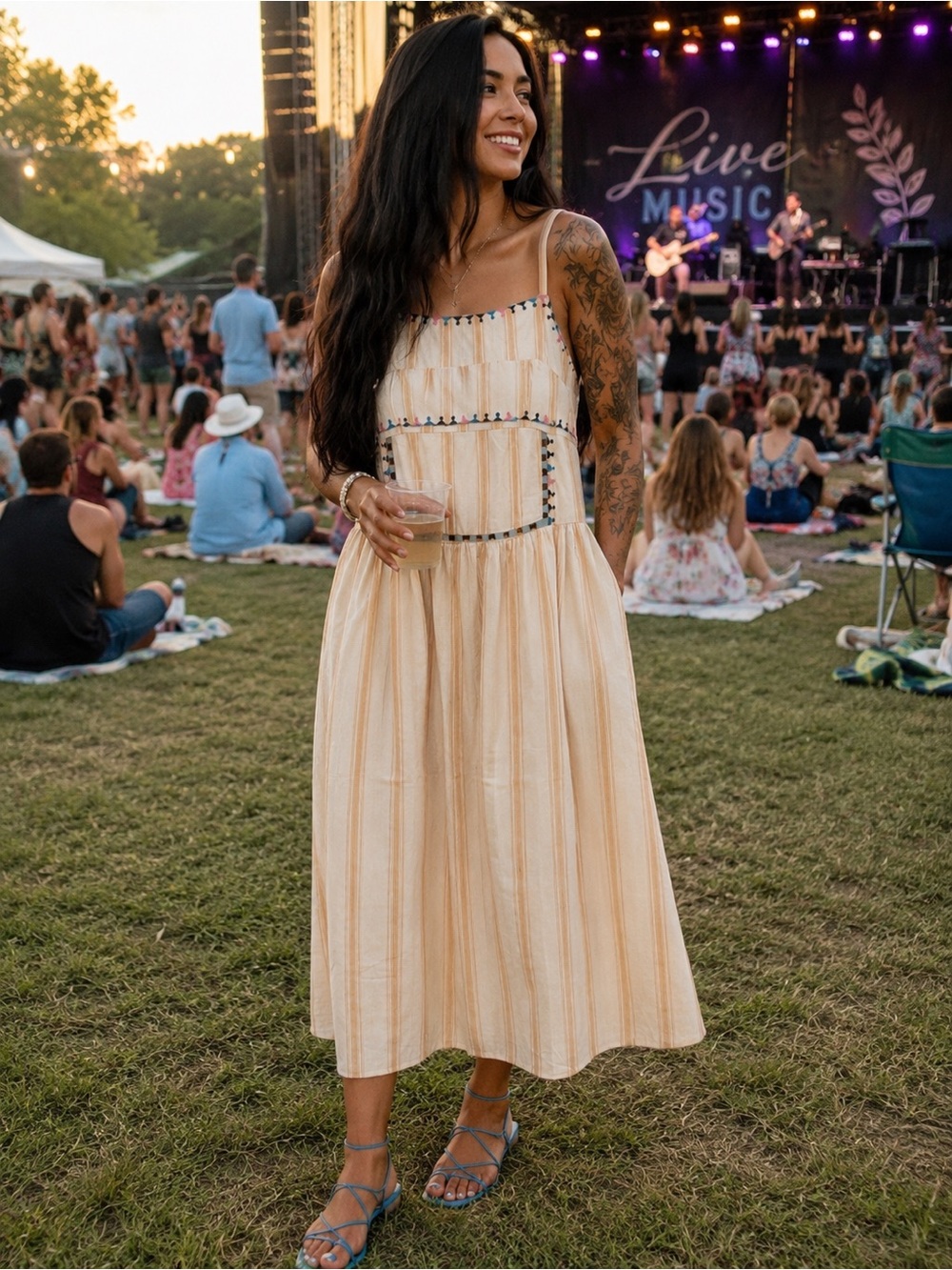 NWT Umgee Cream Striped Midi Dress with Embroidered Trim